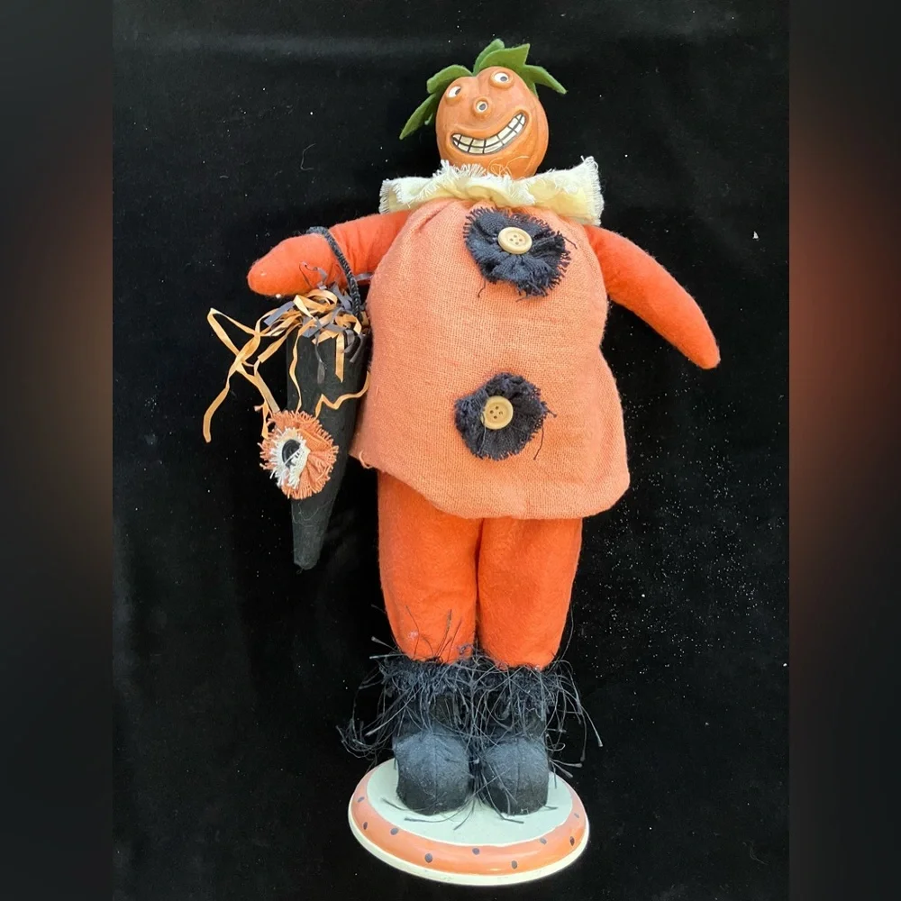 Handmade Halloween Pumpkin Cloth Figurine 15” Happy Pumpkin Head